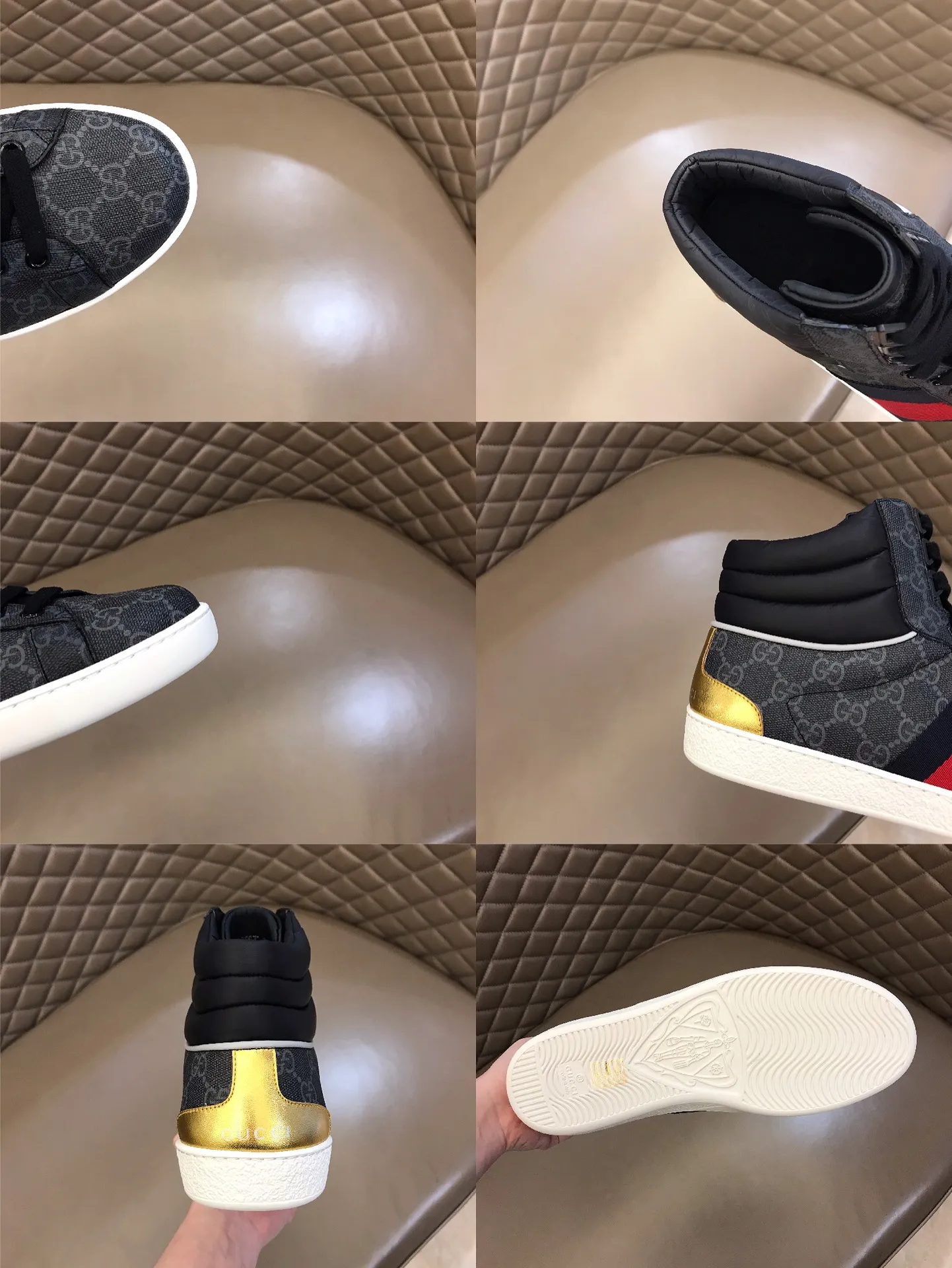 Men's shoes 💰p420 "GUCC*" Couple's style high-top boots are available on the official website. The same style. Counter quality [strong] [strong] Selected Gucci imported waterproof rubber. Gucci's symbolic original webbing. Trendy and versatile style. "Double G" logo styling midsole. Men's shoes 💰pU brand logo feet. Fine workmanship. Upper material. Men's size 38-44, women's size 35-39.
